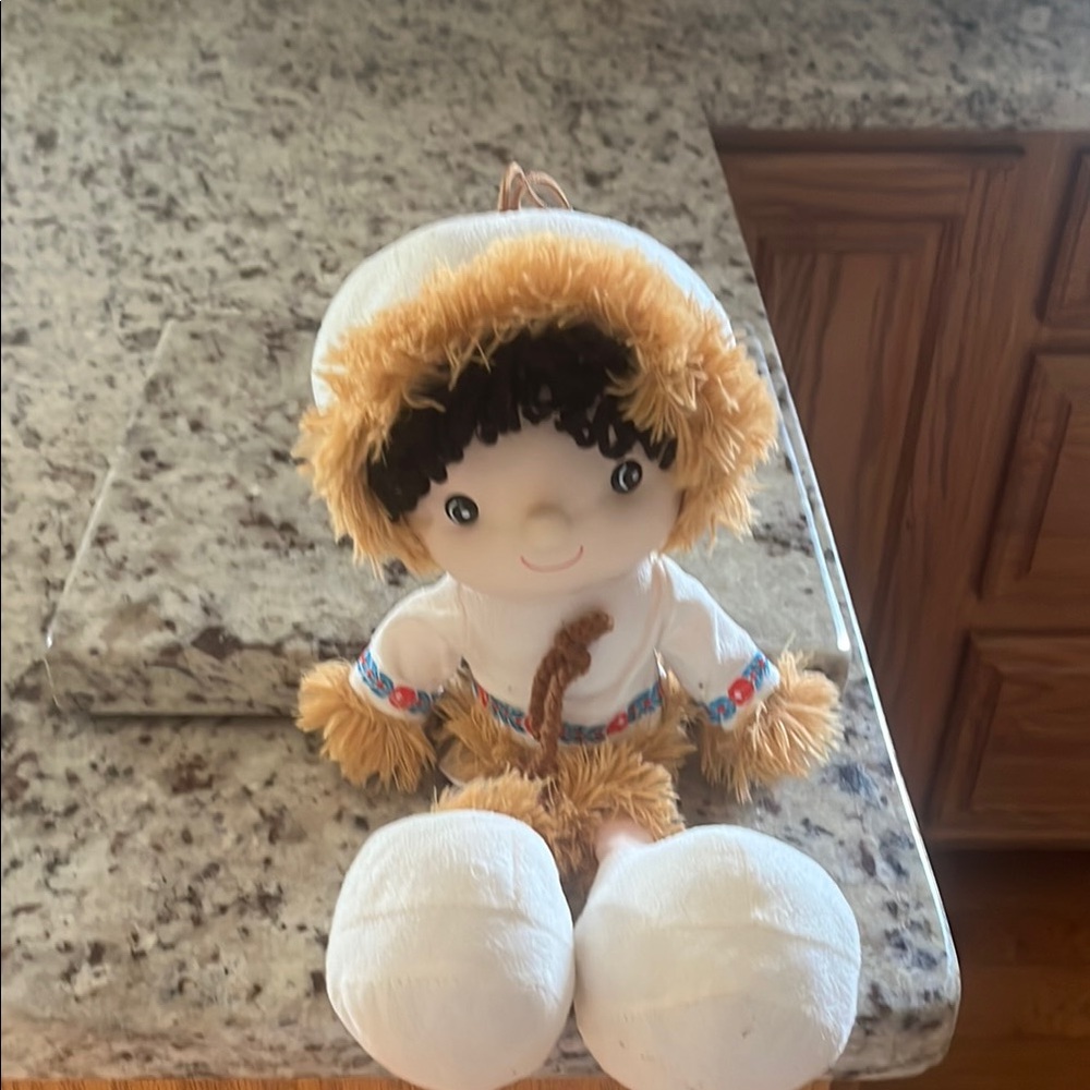 Adorable Eskimo Plush Doll with White and Brown Outfit